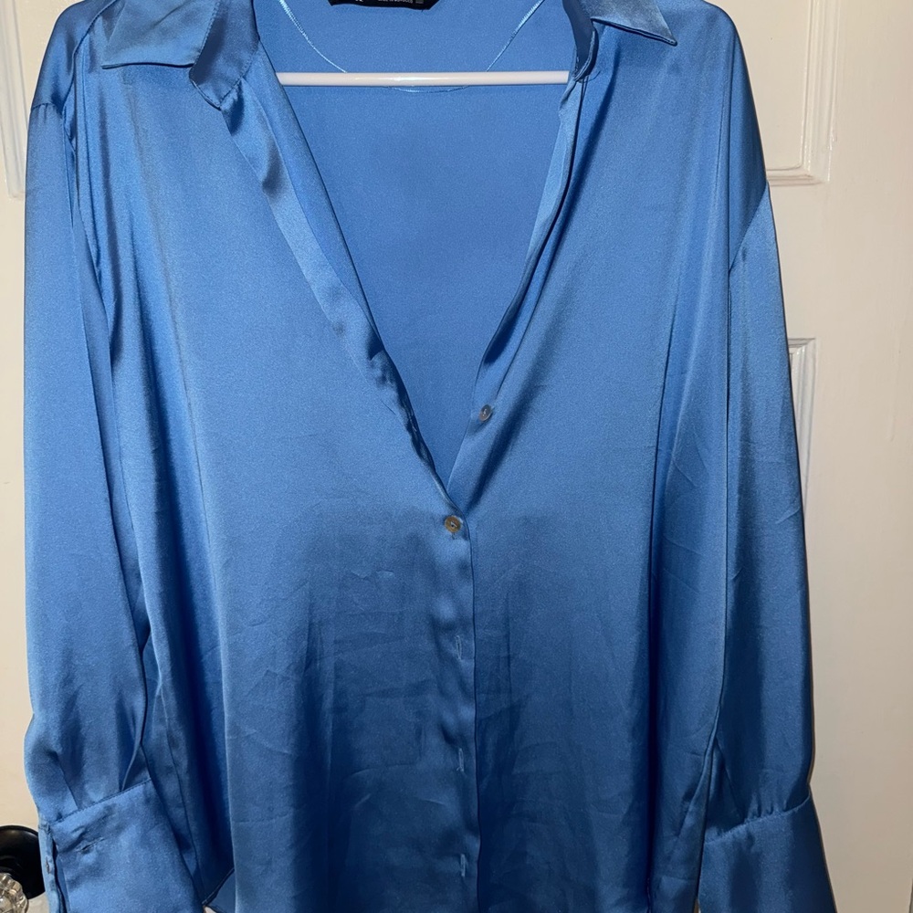Shimmering Blue Button-Up Blouse